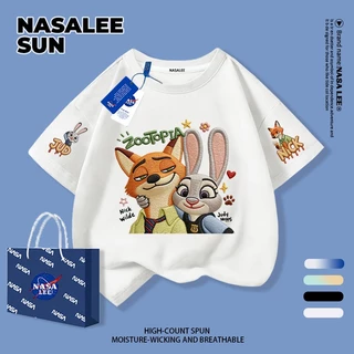 【จัดส่งวันเดียวกัน】เสื้อผ้าฝ้ายสีดำสำหรับเด็ก ลายจิ้งจอกกับกระต่ายการ์ตูน น่ารัก สนุกสนาน ใส่แล้วระบายอากาศดี เหมาะสำหรับหน้าร้อน เป็นเสื้อแขนสั้น เหมาะสำหรับเด็กอายุ 3-16 ปี ทั้งชายและหญิง