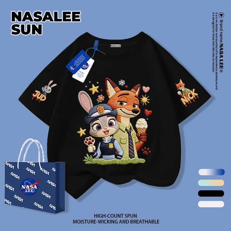 【จัดส่งวันเดียวกัน】เสื้อผ้าฝ้ายสีดำสำหรับเด็ก ลายจิ้งจอกกับกระต่ายการ์ตูน น่ารัก สนุกสนาน ใส่แล้วระบายอากาศดี เหมาะสำหรับหน้าร้อน เป็นเสื้อแขนสั้น เหมาะสำหรับเด็กอายุ 3-16 ปี ทั้งชายและหญิง