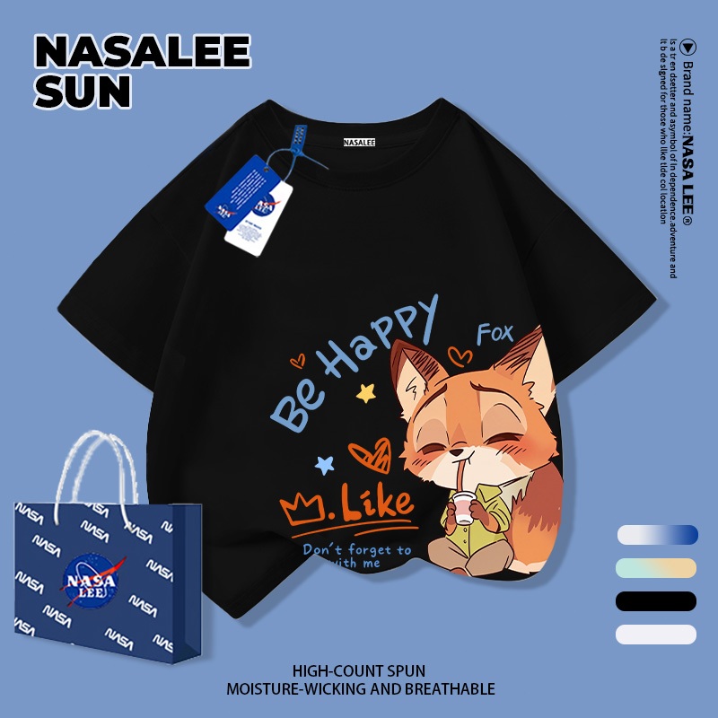 【จัดส่งวันเดียวกัน】เสื้อผ้าฝ้ายสีดำสำหรับเด็ก ลายจิ้งจอกการ์ตูนน่ารัก สนุกสนาน ใส่แล้วระบายอากาศดี เหมาะสำหรับหน้าร้อน เป็นเสื้อแขนสั้น เหมาะสำหรับเด็กอายุ 3-16 ปี ทั้งชายและหญิง