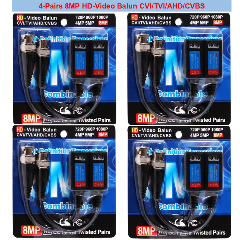 4 คู่ 8MP HD-Video Balun CVI/TVI/AHD/CVBS กล้องวงจรปิดวิดีโอ Balun 2mp 5mp 8mp Twisted คู่เครื่องส่ง