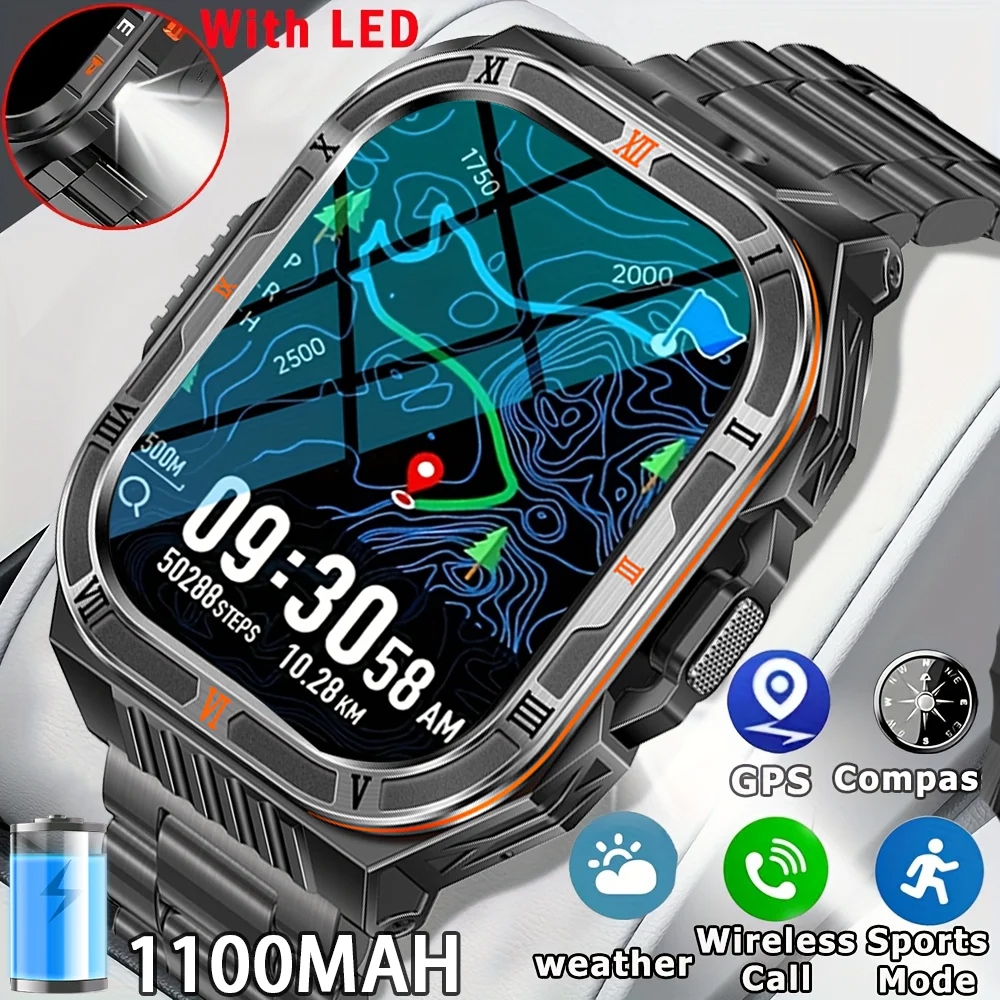 ใหม่กลางแจ้งสมาร์ทนาฬิกาผู้ชาย 2.01- นิ้ว 1100mAh แบตเตอรี่ขนาดใหญ่เข็มทิศไฟฉาย LED IP68 กันน้ํา BT 