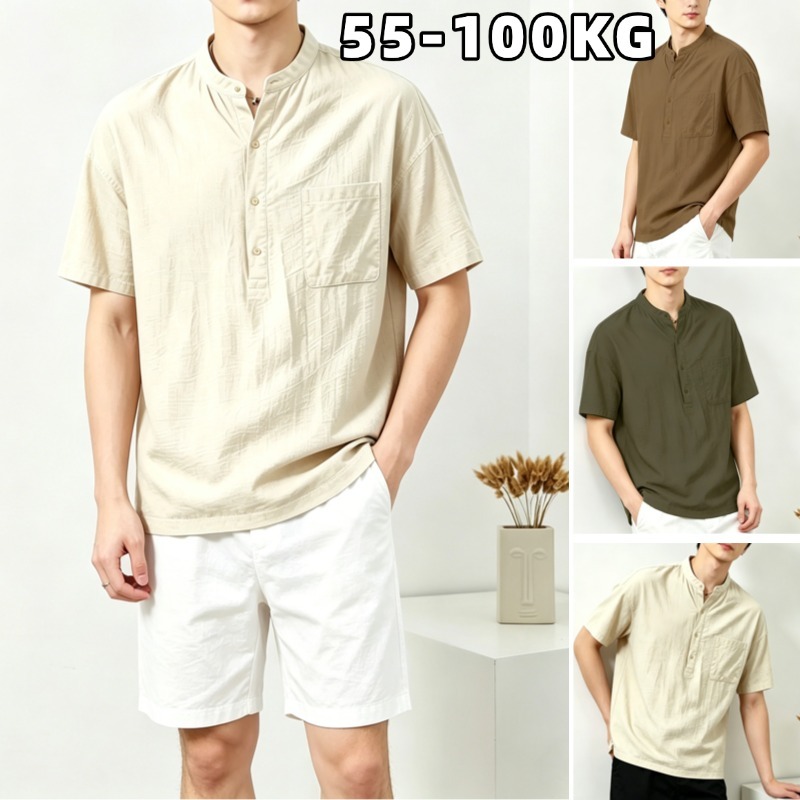 เสื้อเชิ้ตผู้ชาย เสื้อเชิ้ตแขนสั้น ผ้าฝ้าย และผ้าลินิน ปกเป็นแบบแนวตั้ง ทรงหลวม แมทซ์ง่ายใส่ได้ทุกวัน