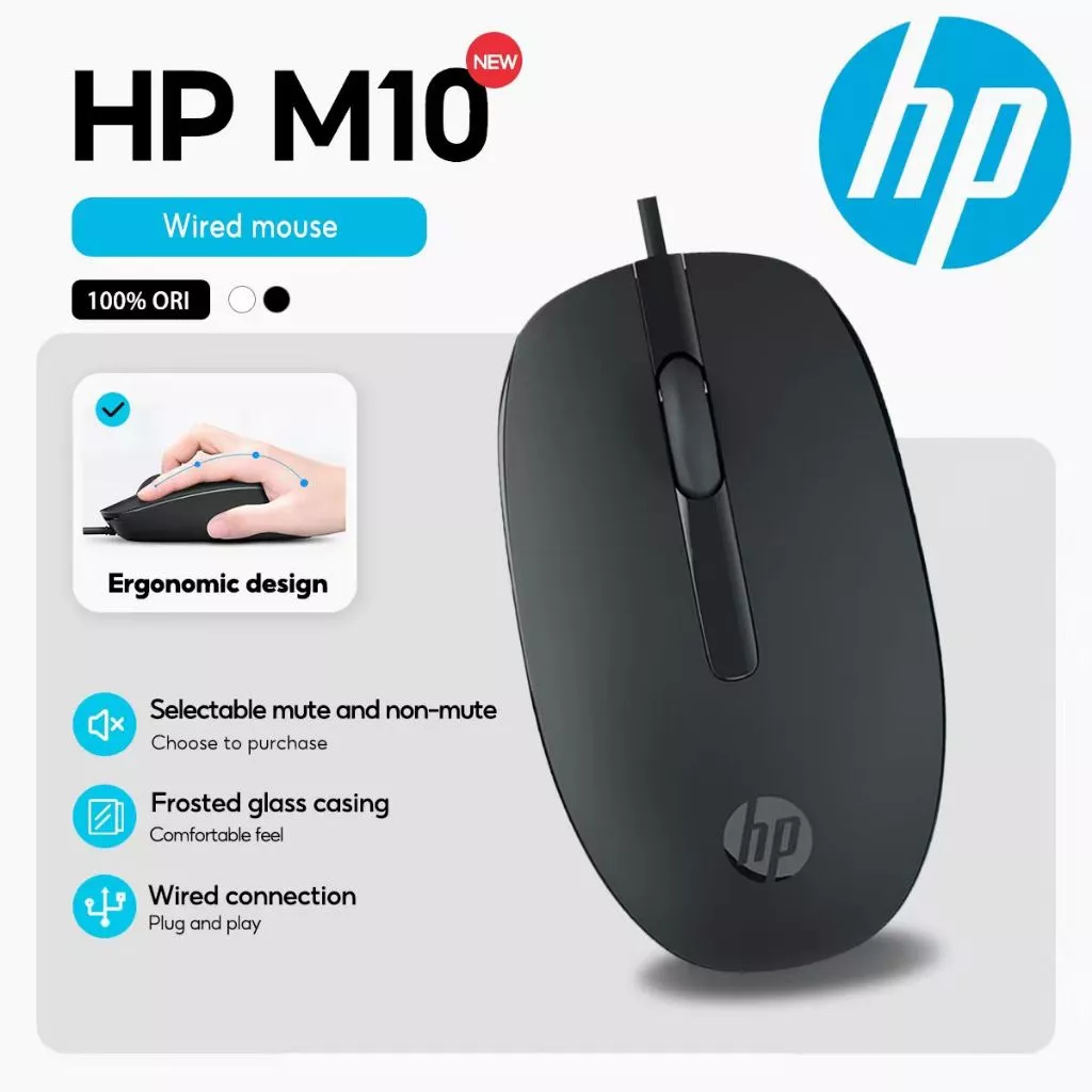 HP M10 แบบมีสาย Mouse1000 DPI Optical Sensor เมาส์เงียบแบบมีสาย Ergonomic Mice สําหรับ PC / แล็ปท็อป / สํานักงาน