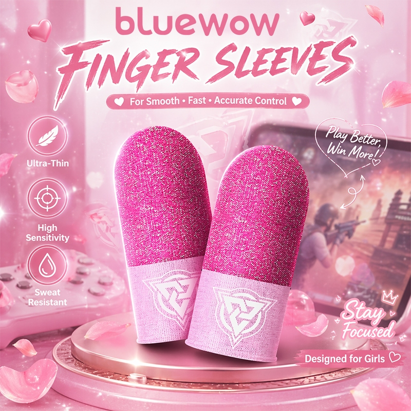 BlueWow สีชมพูแขนนิ้วสําหรับเล่นเกมบางเฉียบความไวแสงสูงป้องกันเหงื่อหน้าจอสัมผัสถุงมือนิ้วหัวแม่มือสําหรับเล่นเกมมือถือ PUBG MLBB