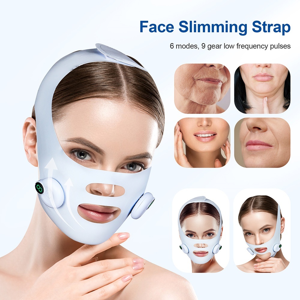 3D EMS Face slimming สายรัดเข็มขัดยกกระชับใบหน้า V Face 6 โหมด 9 เกียร์ Microcurrent เครื่องมือกระชั
