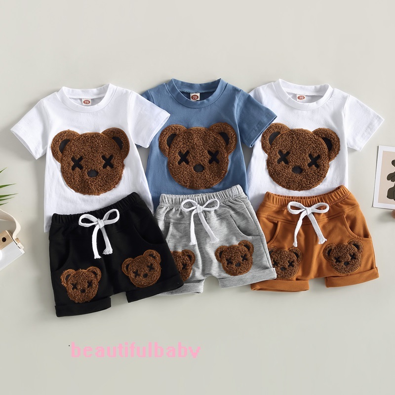 ความงาม-เด็กทารกฤดูร้อน2ชิ้นชุดการ์ตูนหมีรูปแบบแขนสั้นเสื้อยืดและกางเกงขาสั้นยืดหยุ่นสบายๆชุด