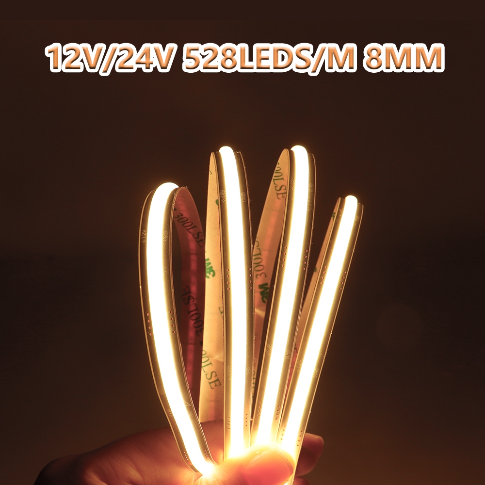 COB LED Strip Light 528Leds/M ความหนาแน่นสูงยืดหยุ่น Dimmable เทปริบบิ้นสําหรับเทศกาลหน้าแรกไฟตกแต่ง DC12V 24V
