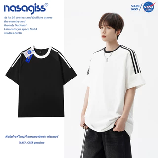 NASA เสื้อยืดสามแถบชายหญิง oversize แขนสั้น สไตล์ลำลอง summer คอตตอน100% คอกลม หลวมและระบายอากาศ