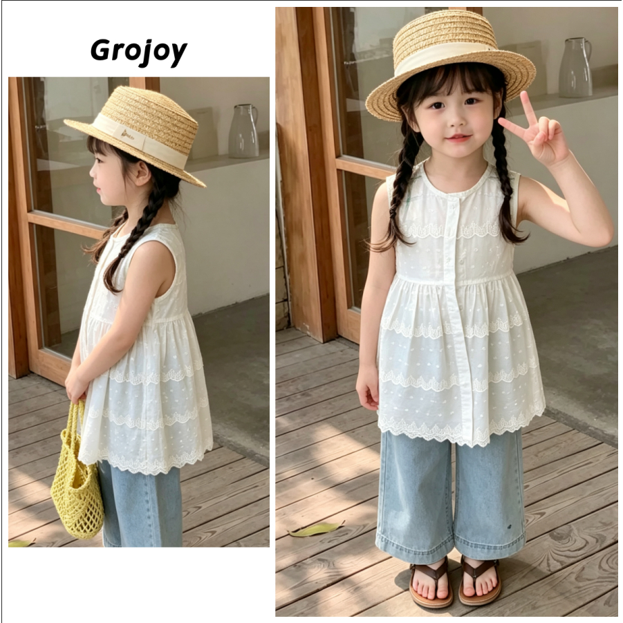((คลังสินค้าพร้อม) เสื้อแขนกุดลูกไม้สีขาวสาวหวานสุดน่ารัก [Grojoy] C3225 #