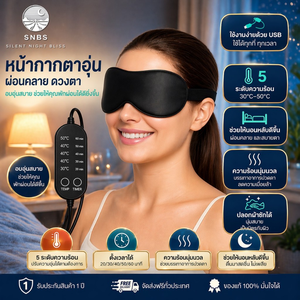 ยูเอสบี หน้ากากตาอุ่นสําหรับตาแห้ง, ความหมองคล้ําและบรรเทาไมเกรน – ควบคุมอุณหภูมิ 5 ระดับ, หน้ากากนอนหลับประคบอุ่นผ่อนคลาย