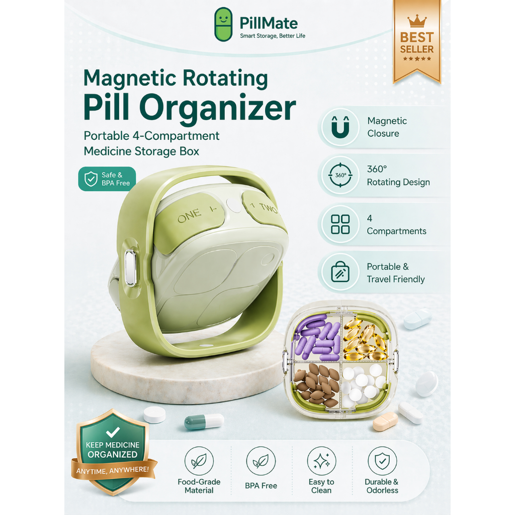 Magnetic หมุน Pill Organizer 4 ช่องแบบพกพากล่องยา Secure Lock Compact Daily Pill Case