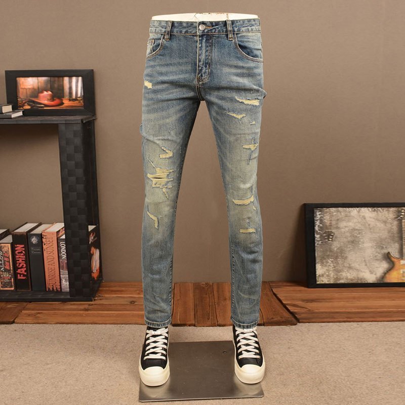 New retro men jeans blue slim fit elastic jeans tear patch design men high-quality casual denim pant