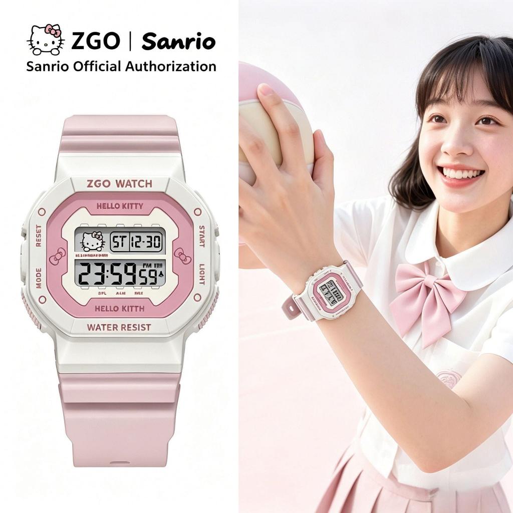 ZGO x Sanrio HelloKitty นาฬิกาข้อมือดิจิตอลสำหรับเด็กผู้หญิง กันน้ำได้ แสดงปฏิทิน ของขวัญวันเกิดและเปิดเทอม 7007
