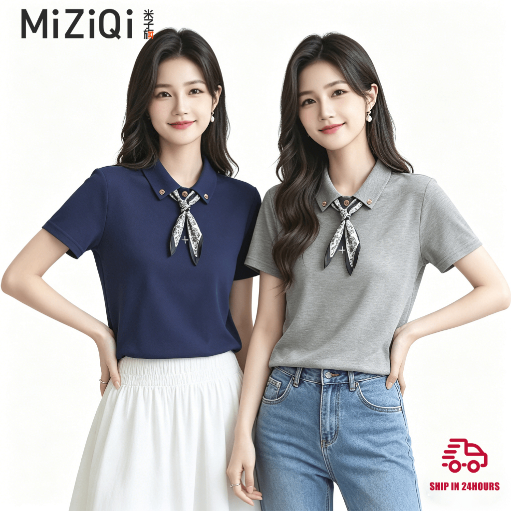 เสื้อโปโลคอปกแขนสั้น สำหรับฤดูร้อน ผ้าไหมนุ่มสบาย มีพร็อพผ้าพันคอให้มาในเซ็ต