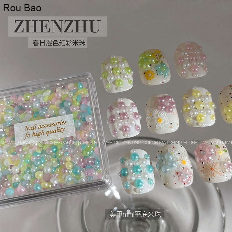 Rou Bao เล็บที่มีสีสันด้านล่างแบน Pearl Girly เรซิ่นเล็บ Art DIY Charms ตกแต่ง