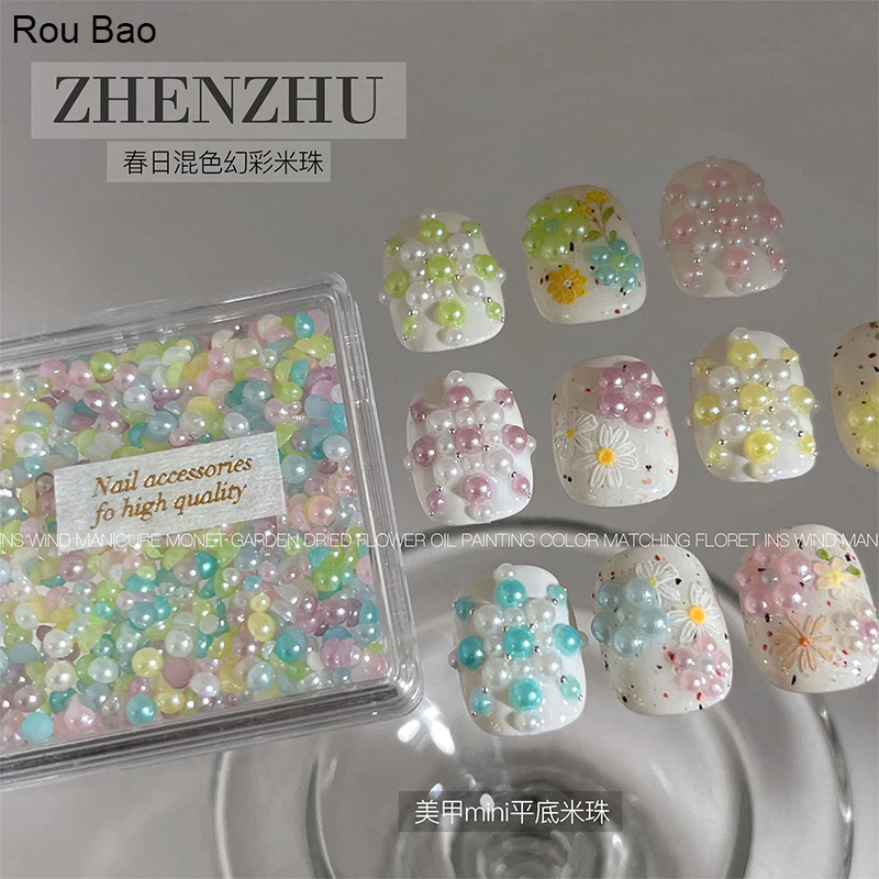 Rou Bao เล็บที่มีสีสันด้านล่างแบน Pearl Girly เรซิ่นเล็บ Art DIY Charms ตกแต่ง