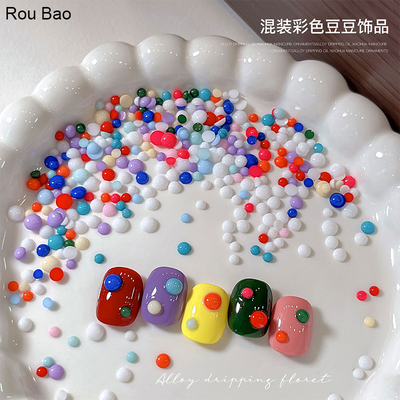 Rou Bao 100 ชิ้นเล็บที่มีสีสันครึ่งวงกลมลูกปัดรอบ Girly เรซิ่นเล็บ Art DIY Charms ตกแต่ง