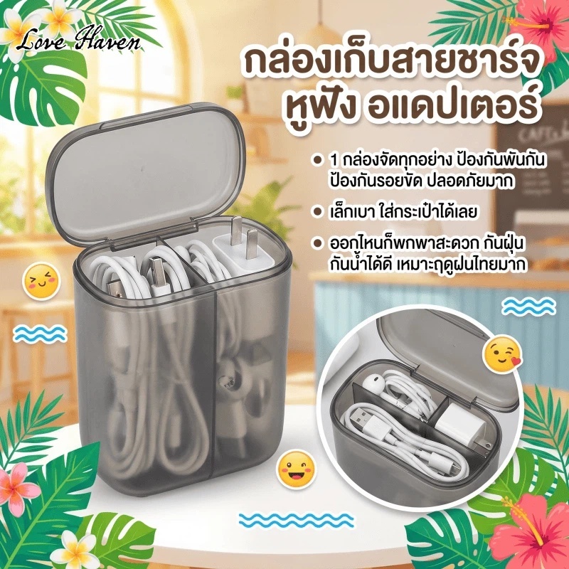 [Love Haven] กล่องเก็บสายชาร์จกล่องเก็บหูฟังหัวชาร์จลวดออแกไนเซอร์พกพาง่ายกันฝุ่นกันน้ําแก้ไขฤดูกาลฝนตก