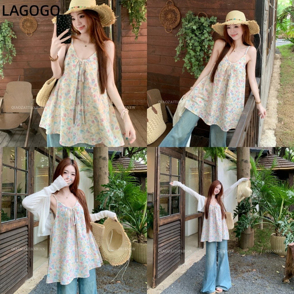 เทรนด์ใหม่ในฤดูร้อน สไตล์เกาหลี ลายดอกไม้ V-เน็ก คามิโซล เสื้อสำหรับผู้หญิง