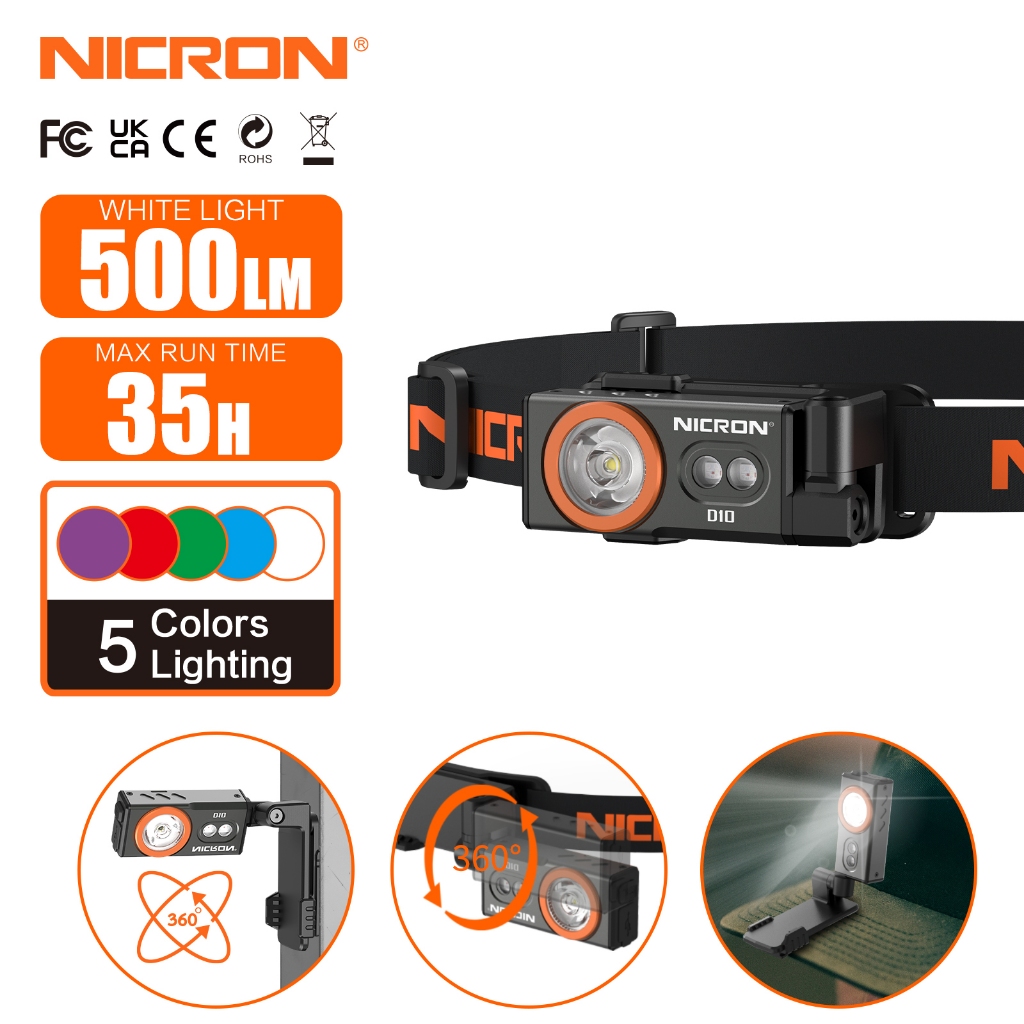 Nicron ไฟหน้ามัลติฟังก์ชั่น D10 500lm พร้อมไฟสีขาว/ไฟ UV/RGB ไฟหน้าแบบถอดได้เปลี่ยนเป็นโคมไฟหน้าอกและโคมไฟหมวก,USB-C ชาร์จ IP54 warterproof, Camping Outdoor