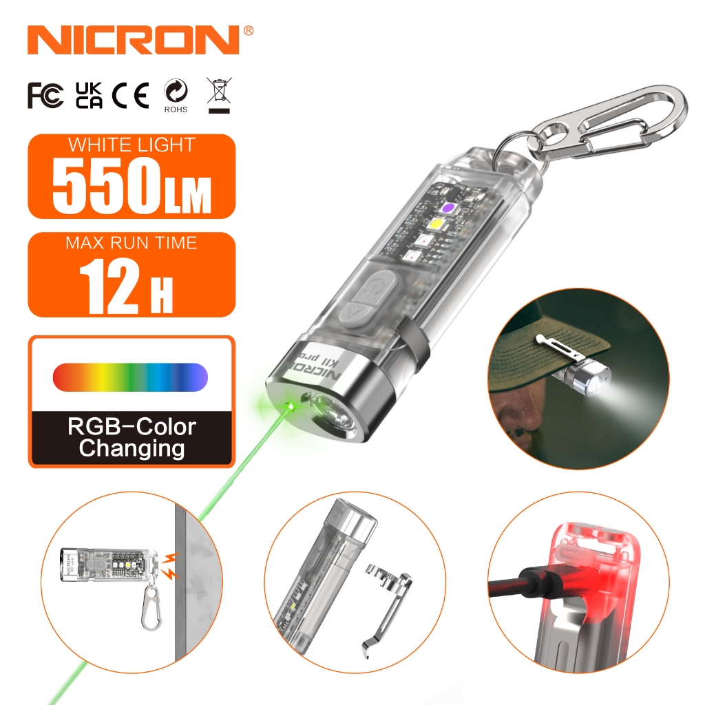 Nicron K11Pro ไฟฉายพวงกุญแจขนาดเล็ก ชาร์จได้ Type-C, 550 Lumens, มีสี RGB UV และสีเขียว, กันน้ำ IPX4, เหมาะสำหรับการตั้งแคมป์และเดินป่า
