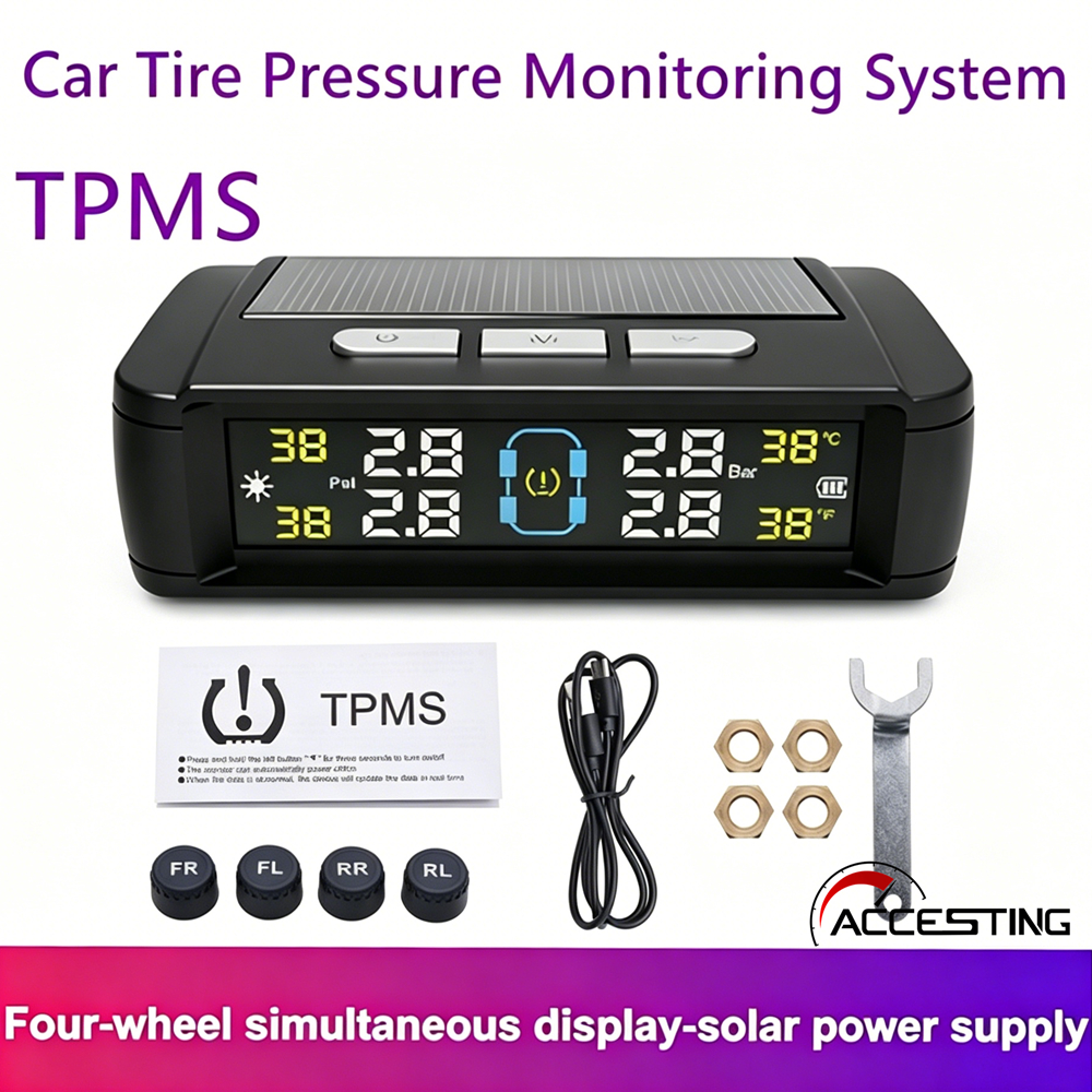 Tpms ระบบตรวจสอบความดันลมยางรถยนต์ แบบเรียลไทม์ แผงพลังงานแสงอาทิตย์ ชาร์จ USB พร้อมเซนเซอร์ภายนอก 4 ตัว หน้าจอ LCD