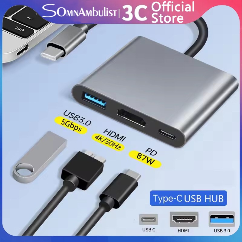 ฮับหลายพอร์ต Type-C สามในหนึ่งเดียว, เอาต์พุต HDMI 4K, พอร์ต USB 3.0 และการชาร์จอย่างรวดเร็ว 60W PD เหมาะสําหรับ MacBook, แล็ปท็อป, อะแดปเตอร์โลหะขนาดกะทัดรัดสําหรับสมาร์ทโฟน