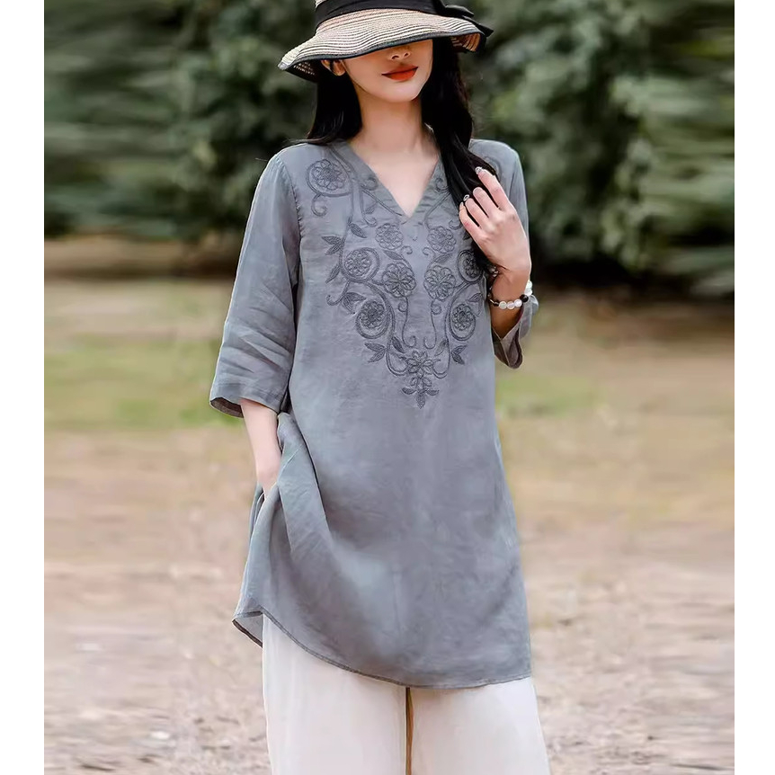 CP High-End เสื้อผู้หญิงฤดูร้อนสไตล์ใหม่สไตล์ศิลปะลดอายุ All-Match ขนาดใหญ่หลวมสบายๆ Embroider