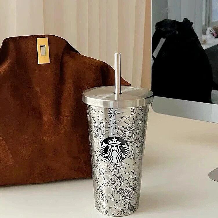 ใหม่ สตาร์บัคส์ สแตนเลสสีธรรมชาติคลาสสิกหมื่นดอกไม้แบบดูดีถ้วยฟาง