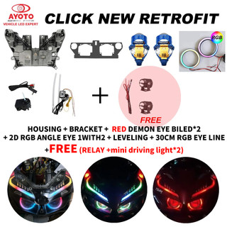 AYOTO Honda Click V2 V3 Headlight Retrofit RGB Kit vario new 125 150 assembly plug and play bluetooth APP control hi low beam angel demon eye sequential turn signal DRL projector lens bi led shroud conversion custom upgrade DIY complete full set headlamp