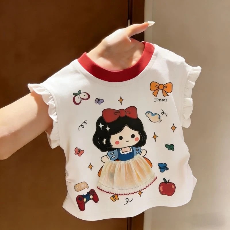 เสื้อยืดเด็กสไตล์เจ้าหญิง พิมพ์สามมิติ แขนบาน สีสดใส ทำจากผ้าก๊อซและผ้าฝ้าย