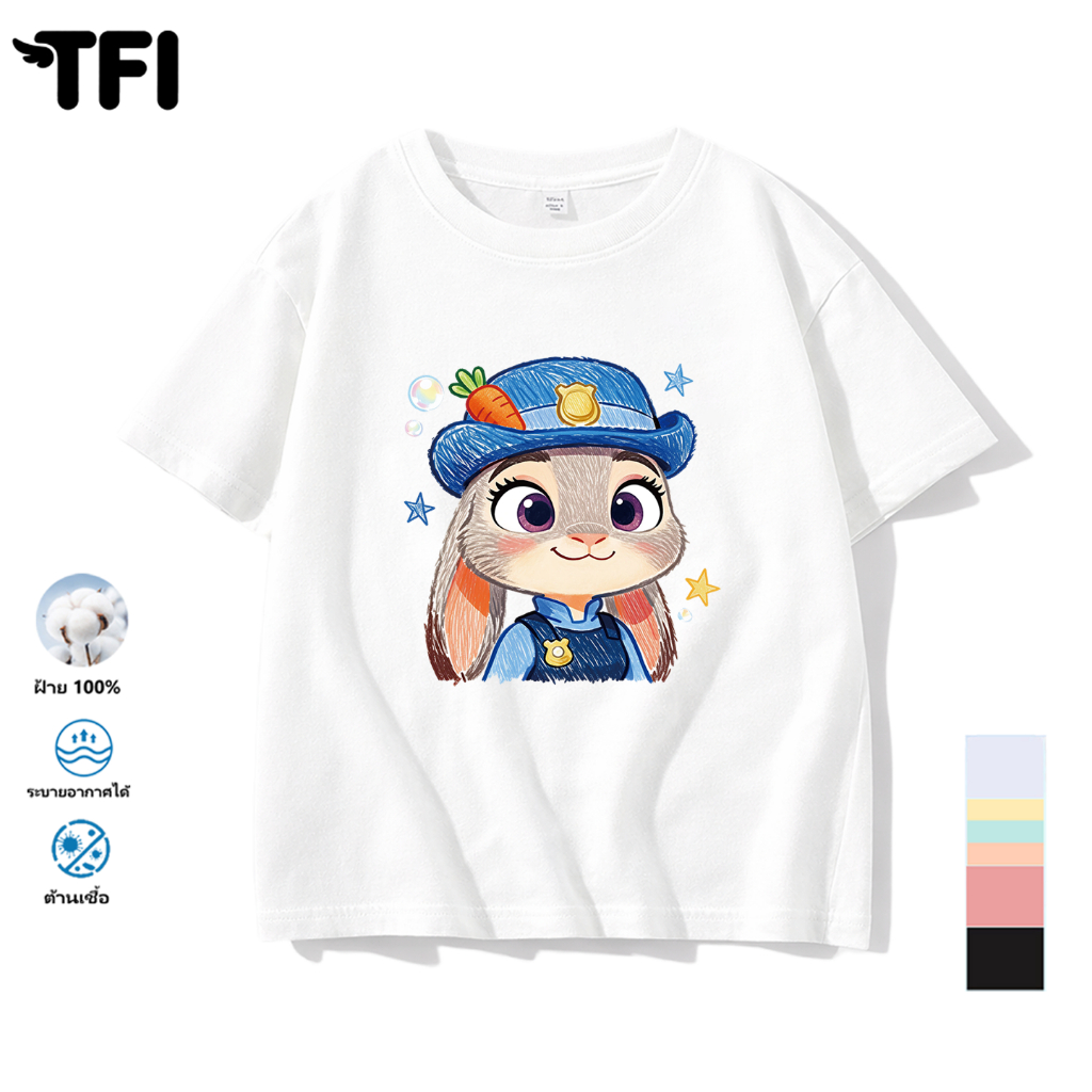 TFI เสื้อยืดแขนสั้นเด็ก สไตล์ลำลอง summer Zootopia Judy พิมพ์ลาย คอตตอน คอกลม หลวมและระบายอากาศ สำหรับเด็ก