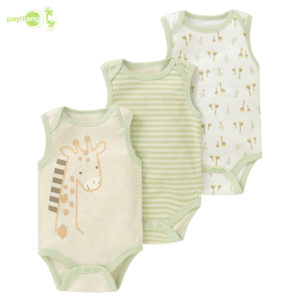 PAYI BABY-3 ชิ้น เด็กทารก ทารกผ้าฝ้ายนุ่มชุดบอดี้สูทแขนกุดยีราฟลาย