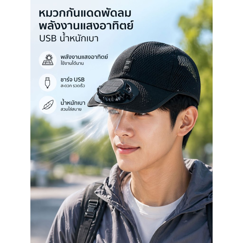Xstore หมวกกันแดดฤดูร้อน พร้อมพัดลมไฟฟ้า เย็นสบาย ปรับขนาดได้ ใส่ได้ทุกคน ราคา ถูกที่สุด ดีลบีเคเค แกลเลอรีภาพที่ 3