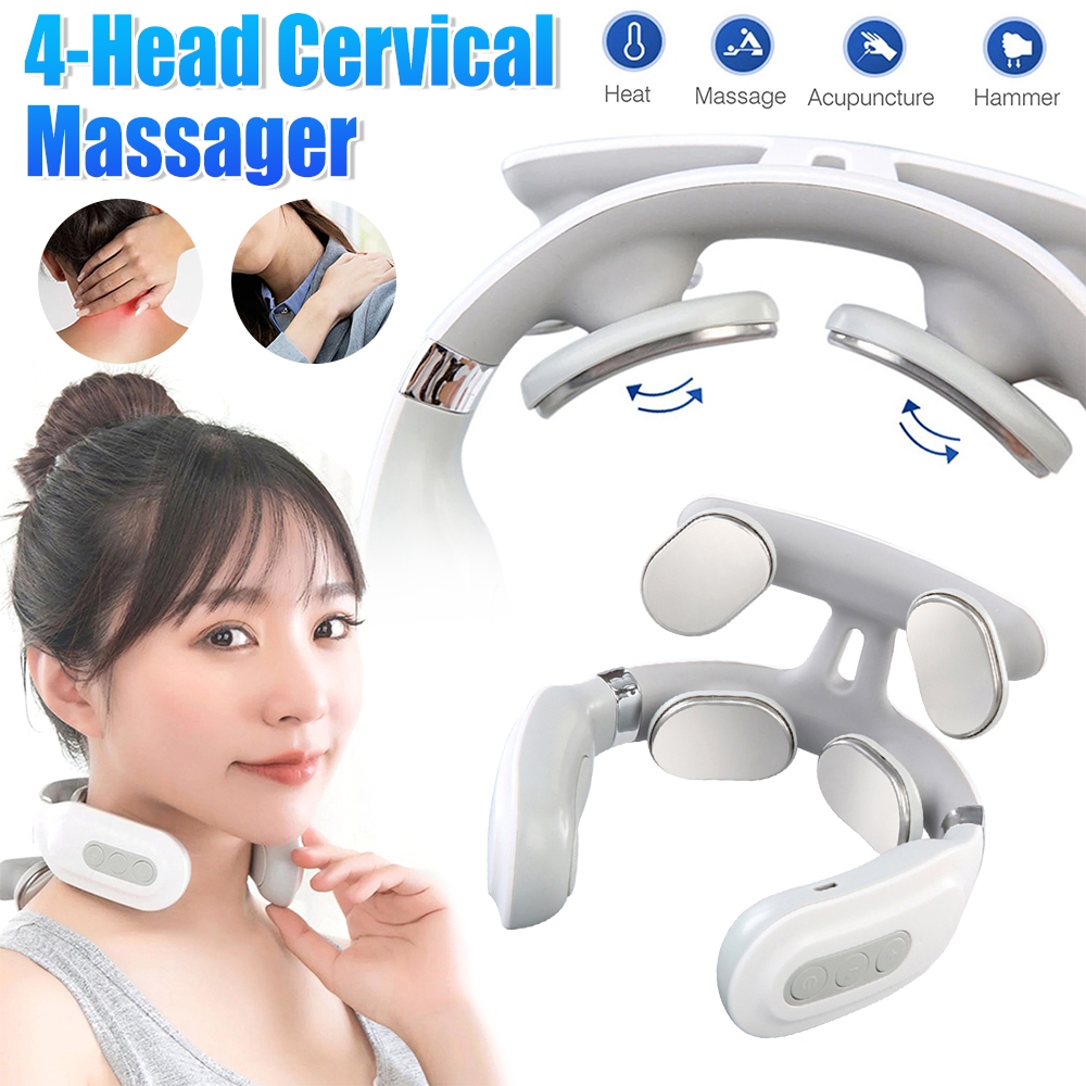เครื่องนวดคออัจฉริยะ 4 หัวนวด TENS Pulse พร้อมความร้อนบําบัด, USB ชาร์จสมาร์ทผ่อนคลายปากมดลูกสําหรับไหล่และคอ, Unisex 6 โหมด