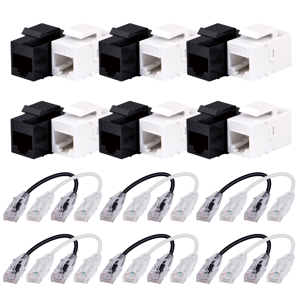 DeskPi Keystone ชุดจัดการสายเคเบิล, 12 แพ็ค Cat6A RJ45 แจ็คปุ่มโทนใส่สายเคเบิลเครือข่าย 0.2 ม. (สีดําและสีขาว)