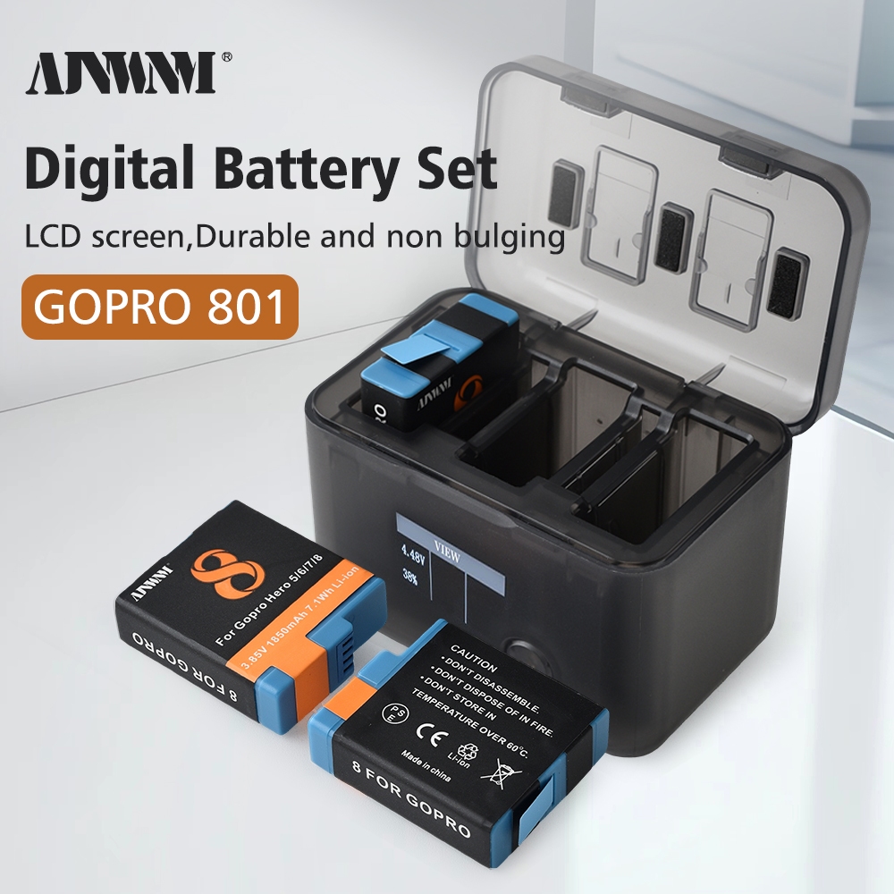 AJNWNM Gopro Hero 8/7/6/5 แบตเตอรี่จอแสดงผล LCD Multifuntional สมาร์ท Gopro แบตเตอรี่กล่องชาร์จ/สําหรับ Gopro Hero 8 7 6 5
