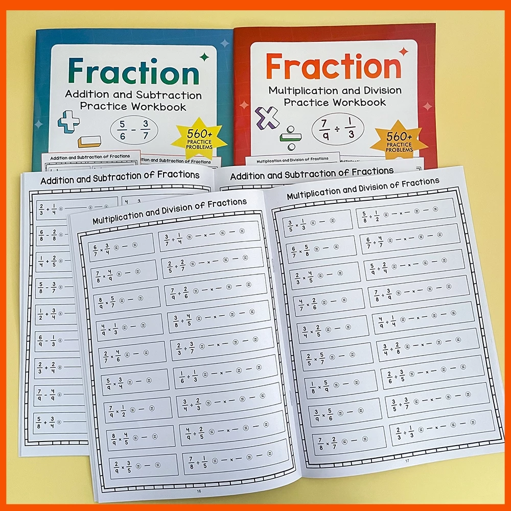คณิตศาสตร์เศษส่วนเชิงเลขคณิตสมุดงานบวกลบ Multiplication Division Operation เด็กฝึก Worksheets โรงเรียนประถมศึกษาเลขคณิต Enhancement การฝึกอบรมการบ้าน