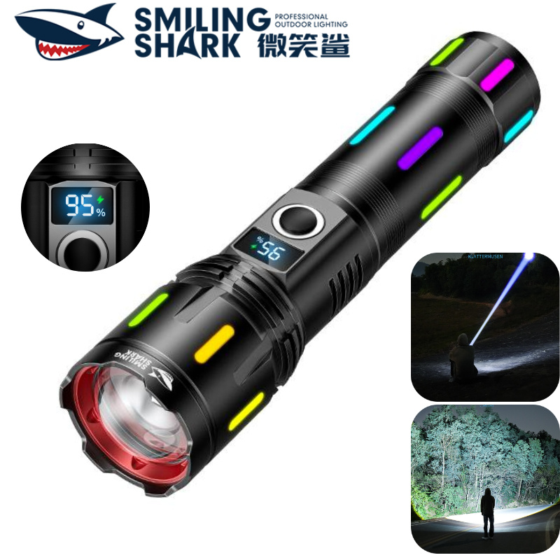 SMILING SHARK ไฟฉาย LED ส่องสว่าง Super Bright M60, Type-C, 8000LM, กันน้ำ พร้อมฟังก์ชั่นซูม สำหรับการเดินป่าและใช้งานกลางแจ้ง