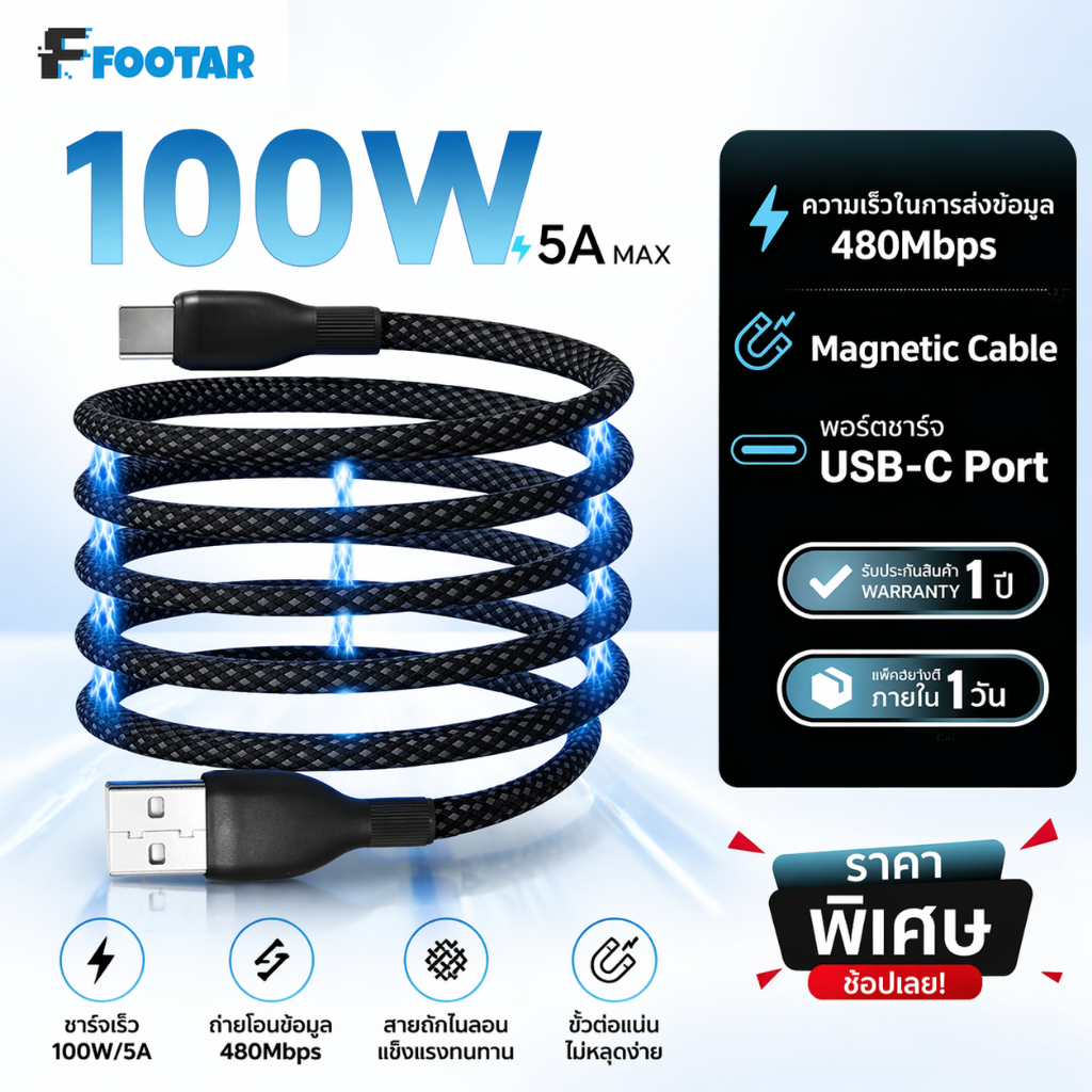 FOOTAR สายข้อมูลแม่เหล็ก USB เป็น Type-C 60W/100W ชาร์จเร็ว