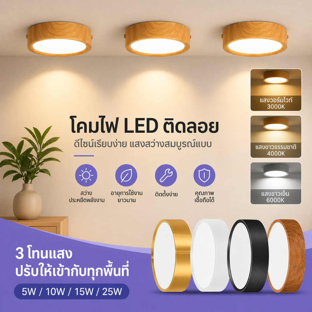 ไฟดาวน์ไลท์ โคมไฟเพดาน led3สี โคมไฟดาวน์ไลท์ ไฟเพดาน Down light ดาวน์ไลท์ติดลอย PanelLightไฟแต่งห้อง