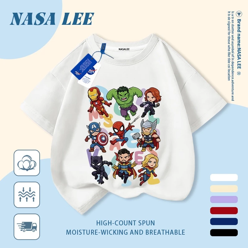 【จัดส่งวันเดียวกัน】เสื้อแขนสั้นผ้าฝ้ายแท้สีขาวสำหรับเด็ก ลาย NASA ซูเปอร์ฮีโร่และมอนสเตอร์ สุดเท่ ระบายอากาศดี เหมาะสำหรับเด็กอายุ 3-16 ปี ทั้งชายและหญิง สไตล์ลำลอง