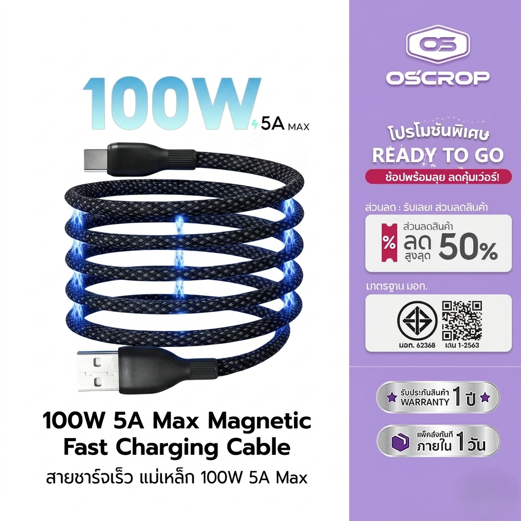 Oscrop สายข้อมูลแม่เหล็ก USB เป็น Type-C 60W/100W ชาร์จเร็ว