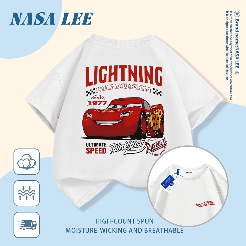 【จัดส่งวันเดียวกัน】เสื้อแขนสั้นผ้าฝ้ายแท้สีขาวสำหรับเด็ก ลาย NASA และรถสุดเท่ ระบายอากาศดี เหมาะสำหรับเด็กอายุ 3-16 ปี ทั้งชายและหญิง สไตล์ลำลอง