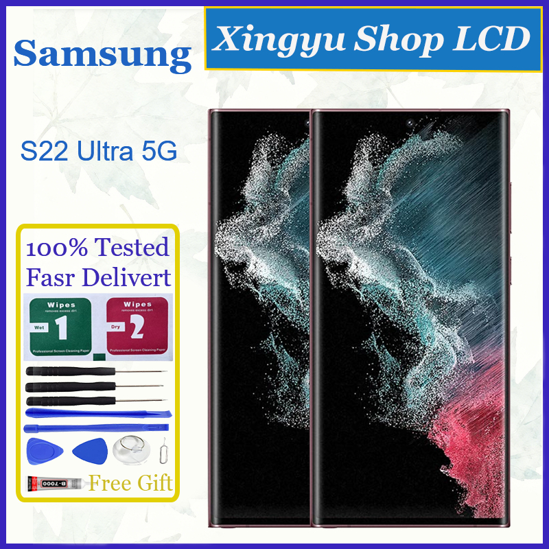 Original AMOLED สําหรับ Samsung Galaxy S22 Ultra 5G จอแสดงผล LCD หน้าจอสัมผัสพร้อมการเปลี่ยนกรอบ