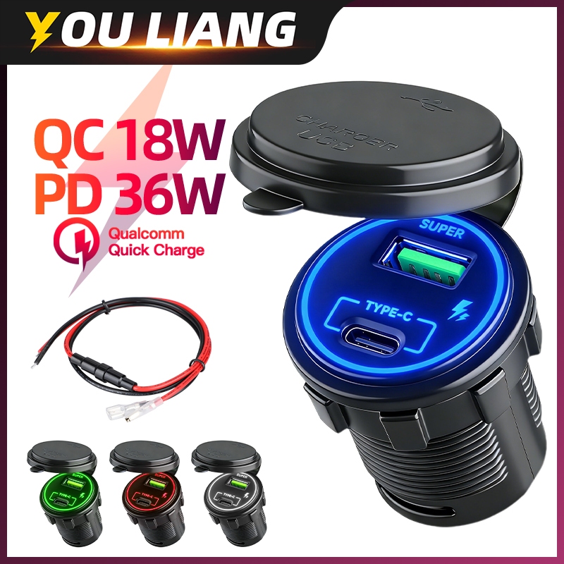 12V USB Outlet PD 36W Type-C QC3.0 18W USB-A พอร์ต Fast Charging Socket กันน้ํา Car Charger เปลี่ยนอุปกรณ์เสริมสําหรับ RV Camper Trailer เรือรถบรรทุกกอล์ฟ