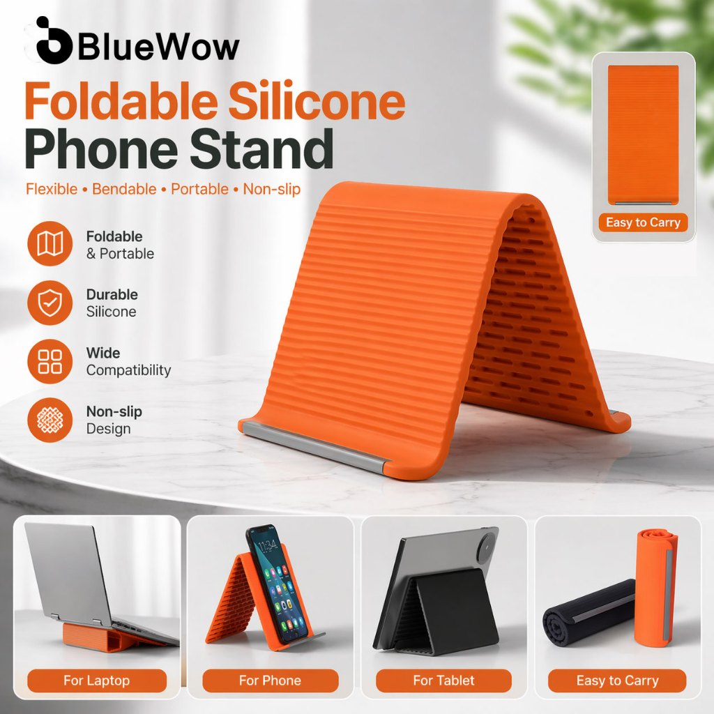 BlueWow อัพเกรดขาตั้งโทรศัพท์ซิลิโคนแบบพับได้ | รองรับอลูมิเนียมแบบพกพาและปรับได้บางเฉียบ | ที่วางโต๊ะและเดินทางอเนกประสงค์