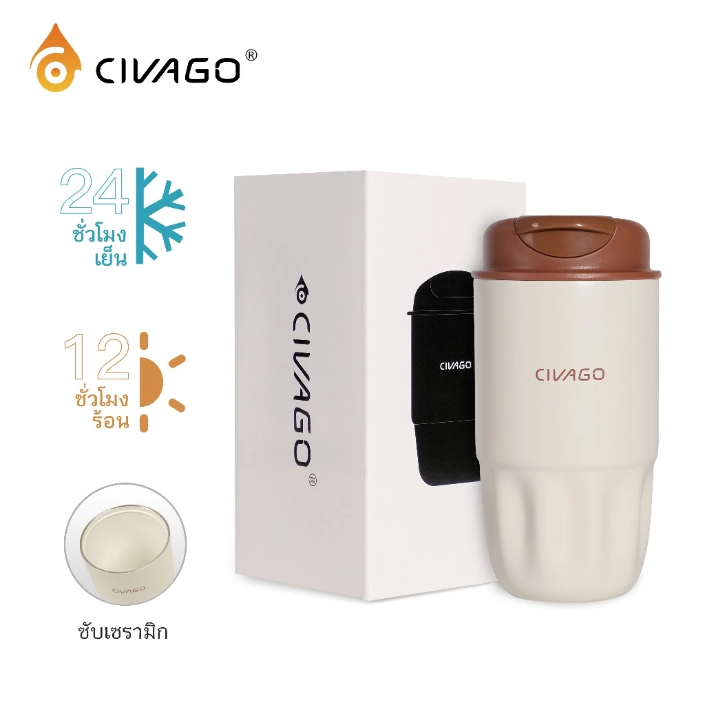 CIVAGO(15oz/450ml)แก้วกาแฟสแตนเลสซับเซรามิกพร้อมฝาปิดกระติกน้ําสูญญากาศ ถ้วยพกพาสะดวก