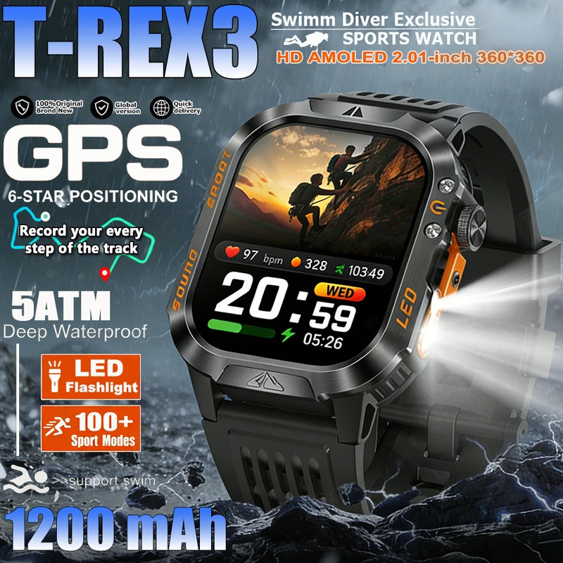 2026 ใหม่ T-Rex 3 ทหารเกรด GPS ตําแหน่งสมาร์ทวอท์ชผู้ชายเข็มทิศ 1200mAh โทรผ่านบลูทูธ 100 + กีฬา Smartwatch