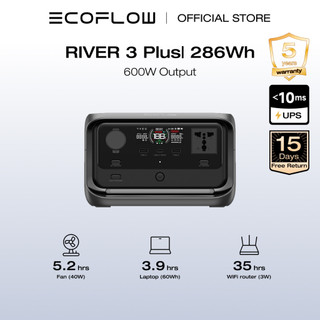 EcoFlow Portable Power Station RIVER 3 Plus, 286Wh LiFePO4 Battery, 3 Up to 1200W AC Outlets, <10 MS UPS, Expandable to 858Wh, <30 dB Quiet, 1Hr Fast Charging Solar Generator for Outdoor Camping/RV